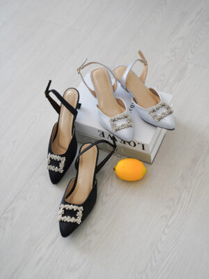 upper: vegan leather, brokat lace with crystal buckle lining: comfortable smooth lining type: slingback heels insole: cushioning pillow footbed outsole: 100% rubber heel: stiletto 6 cm