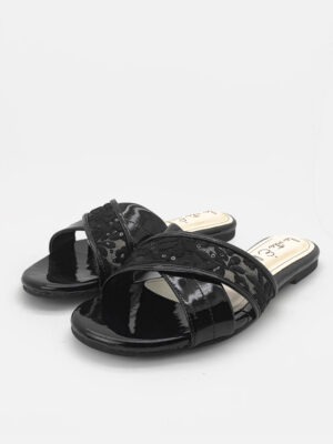 la vita e bella floral sandal flat slip wanita model cross motif bunga bahan glossy [lp 510] black