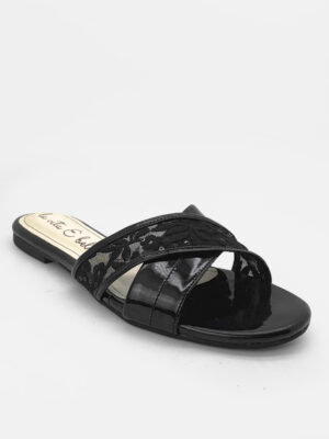 la vita e bella floral sandal flat slip wanita model cross motif bunga bahan glossy [lp 510] black