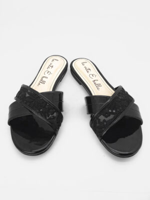 la vita e bella floral sandal flat slip wanita model cross motif bunga bahan glossy [lp 510] black
